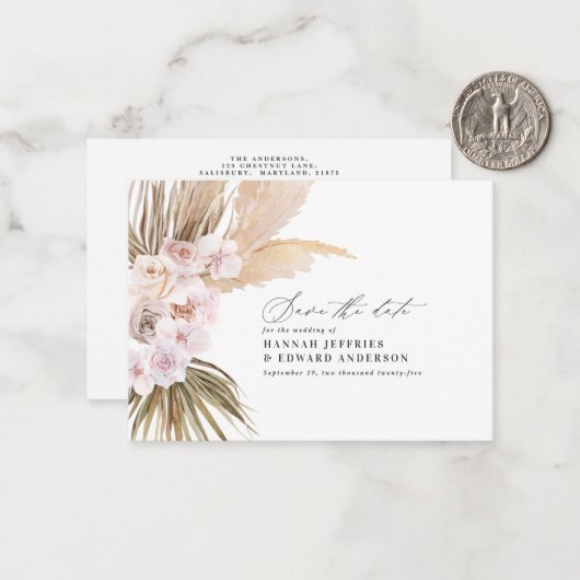 Böhmische Pampas-Gras-Hochzeit sparen das Datum Mitteilungskarte (Vorderseite/Rückseite Beispiel)