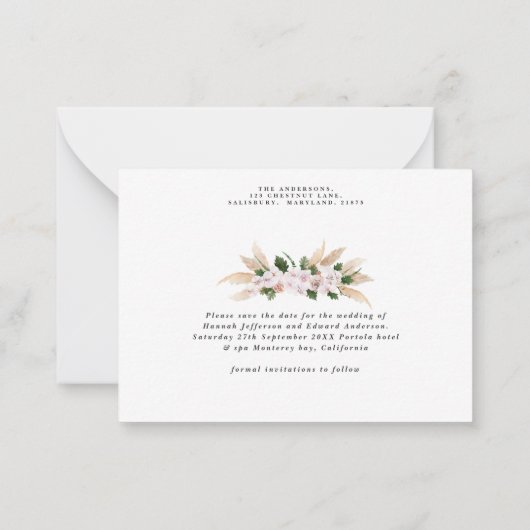 Böhmische Pampas-Gras-Hochzeit sparen das Datum Mitteilungskarte (Rückseite)