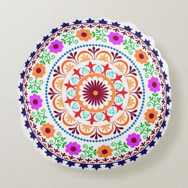 Böhmisches Blumenmuster des Hippie rundes Kissen (Vorderseite)