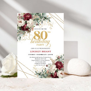 Böhmisches Burgund Florales Gold 80. Geburtstag Einladung