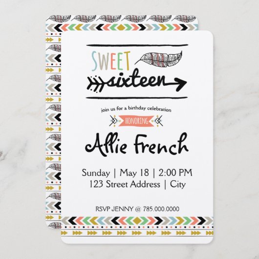 Boho 16 . Geburtstag Einladung (Vorne/Hinten)