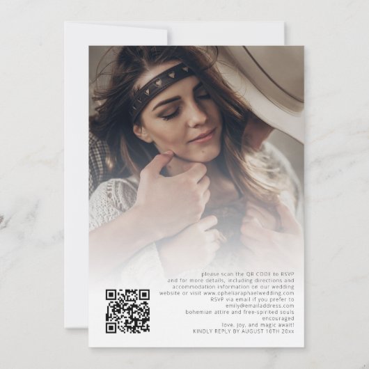 Boho 2 Fotos Overlay QR Code Bohemisch Hochzeit Einladung (Rückseite)