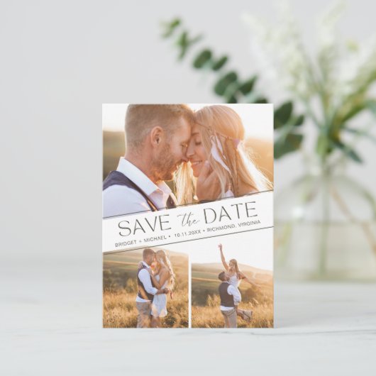 Boho 3 Foto Collage Wedding Save the Date Ankündigungspostkarte (Stehend Vorderseite)