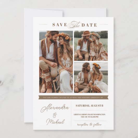 Boho 3 Fotos Save the Date Einladung (Vorderseite)