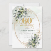 Boho 60. Geburtstag Einladung mit staubgrünem Blat (Vorderseite)