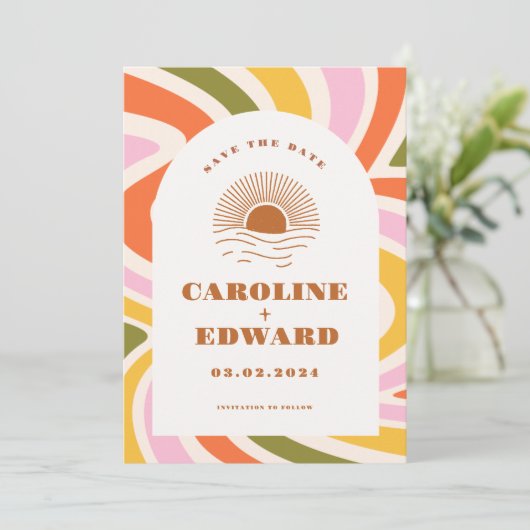 Boho 70er Groovy Wavy Sun Save the Date Qr-Code (Stehend Vorderseite)