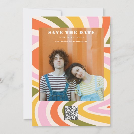 Boho 70er Groovy Wavy Sun Save the Date Qr-Code (Rückseite)