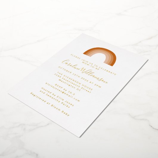 Boho 70er Rainbow Terracotta Baby Showroom Gold Folieneinladung (Gedreht)