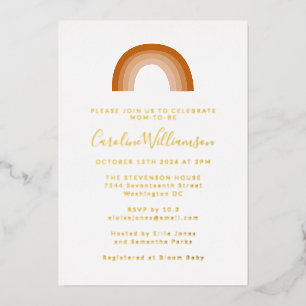 Boho 70er Regenbogen Terrakotta Baby Shower Gold Folieneinladung
