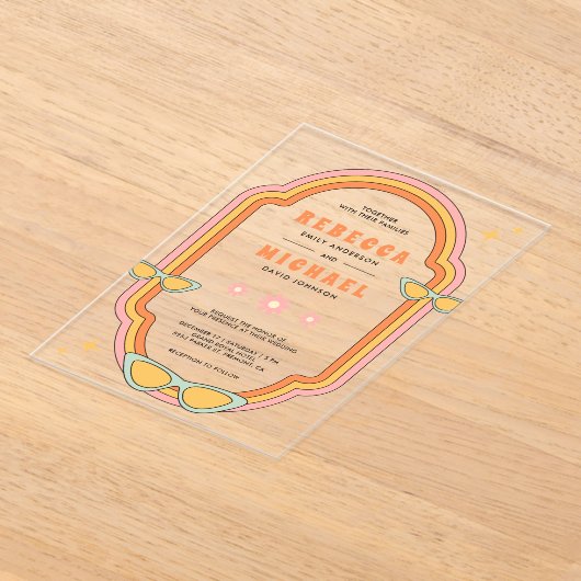 Boho 70er Retro farbenfrohe Groovy Frame Wedding Acryleinladungen (Ablage )