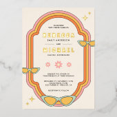 Boho 70er Retro Farbige Groovy Rahmen Wedding Gold Folieneinladung (Vorderseite)