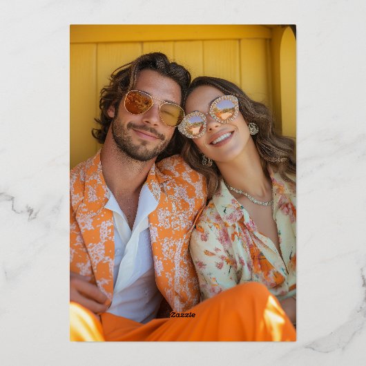 Boho 70er Retro Farbige Groovy Rahmen Wedding Gold Folieneinladung (Rückseite)