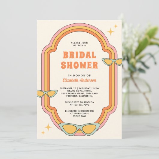 Boho 70er Retro Farbiges Groovy Frame Brautparty Einladung (Stehend Vorderseite)