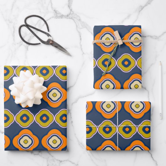 Boho 70er Retro Shapes Muster Blue Orange Geschenkpapier Set (Vorderseite)