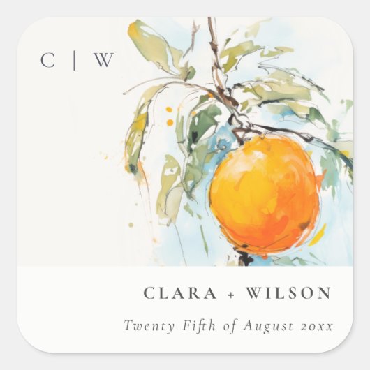 Boho Abstract Sketchy Orange Garden Wedding Quadratischer Aufkleber (Vorderseite)