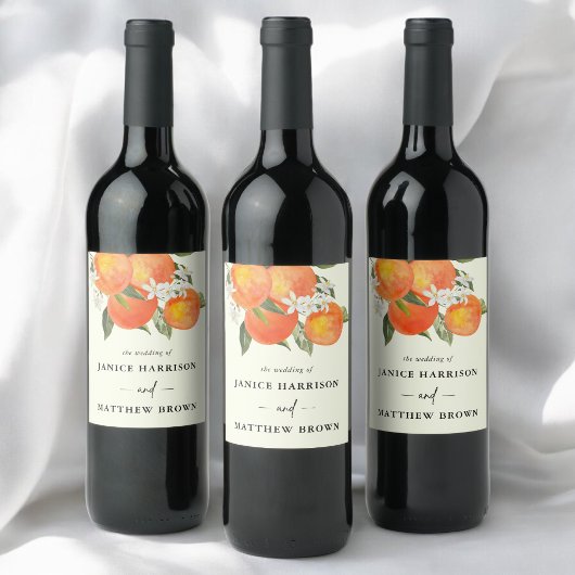 Boho Abstract Sketchy Orange Garden Wedding Weinetikett