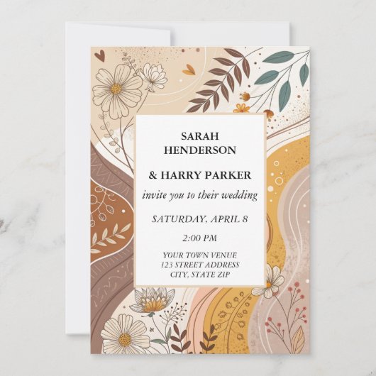 Boho Abstrakt Beige Floral Wedding Einladung (Vorderseite)