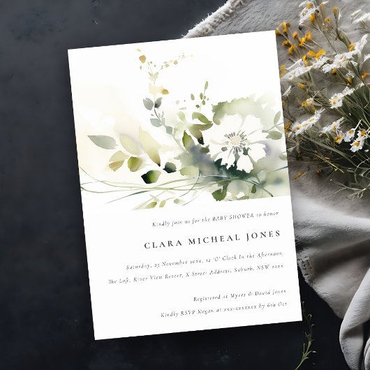 Boho Abstrakt Green White Floral Baby Dusche Einladung