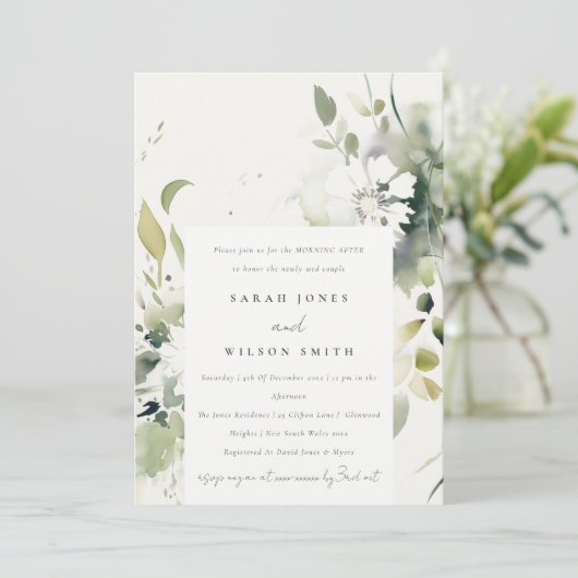 Boho Abstrakt-grüne Weiße Blumenmorgens Einladung (Stehend Vorderseite)