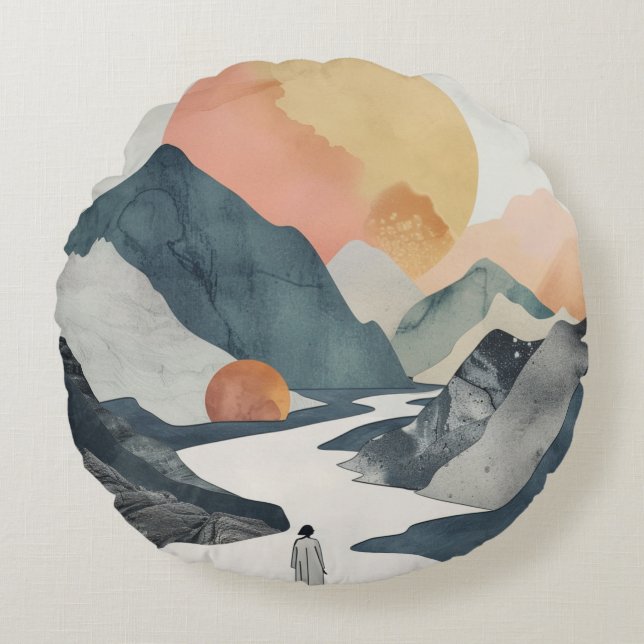 Boho Abstrakt Landschaft (2) Rundes Kissen (Vorderseite)