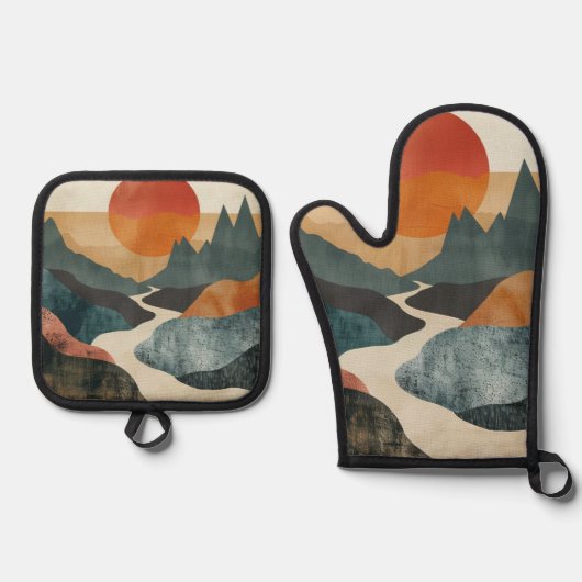 Boho Abstrakt Landschaft (5) Ofenhandschuh & Topflappen-Set (Vorderseite)