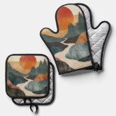 Boho Abstrakt Landschaft (5) Ofenhandschuh & Topflappen-Set (Vorderseite/Rückseite)