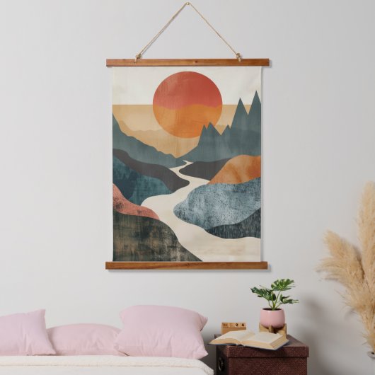 Boho Abstrakt Landschaft (5) Wandteppich Mit Holzrahmen (Schlafzimmer)