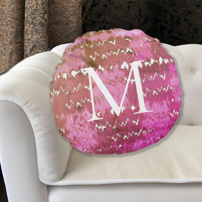 Boho Abstrakt Pink Gefärbte Krawatte Muster Mit Mo Rundes Kissen (Boho Abstract Pink Tie Dye Pattern Monogrammed Round Pillow)