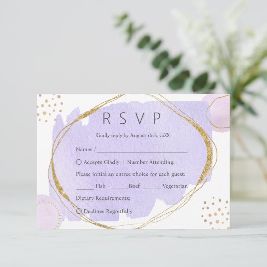 Boho Abstrakt Watercolor Lila Hochzeit RSVP Karte (Stehend Vorderseite)