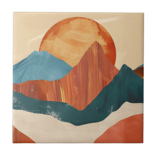 Boho Abstrakte Bergwelt mit Sonne Fliese