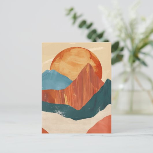 Boho Abstrakte Bergwelt mit Sonne Postkarte (Stehend Vorderseite)