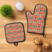 Boho-Abstrakte Blumenkunst Ofenhandschuh & Topflappen-Set (Oben Unten)