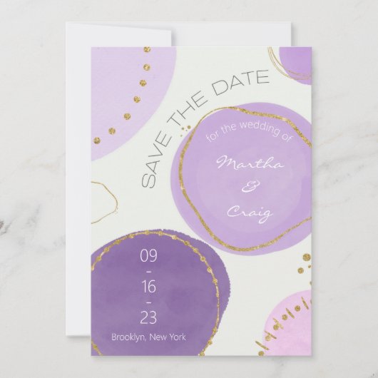 Boho Abstrakte Lila Gold-Farbkreise Save The Date (Vorderseite)