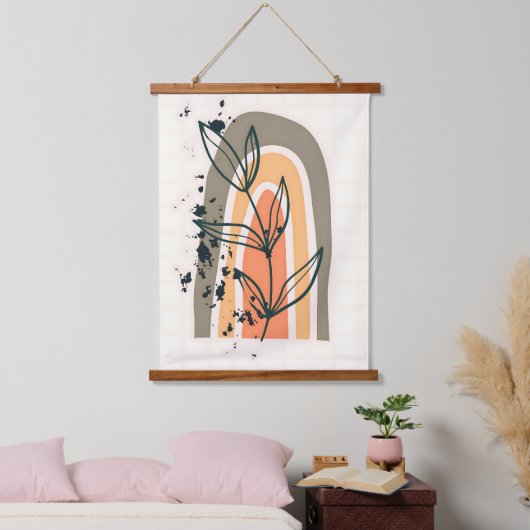 Boho Abstrakte Minimalistische Pflanze Wandteppich Mit Holzrahmen (Schlafzimmer)