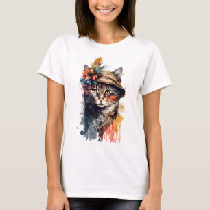 BOHO ABSTRAKTE WASSERFARBKATZE MIT BLUME T-Shirt