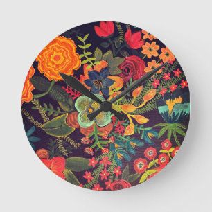 Boho-Acrylgemälde Florales Design Runde Wanduhr