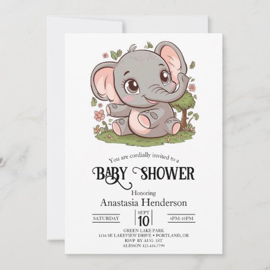 Boho Adorable Elephant Digital Baby Dusche Einladung (Vorderseite)