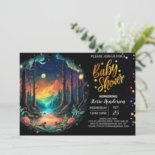 Boho Adventure erwartet Woodland Baby Shower Einladung (Stehend Vorderseite)