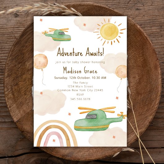 Boho Adventure Helicopter Airplane Babydusche Einladung