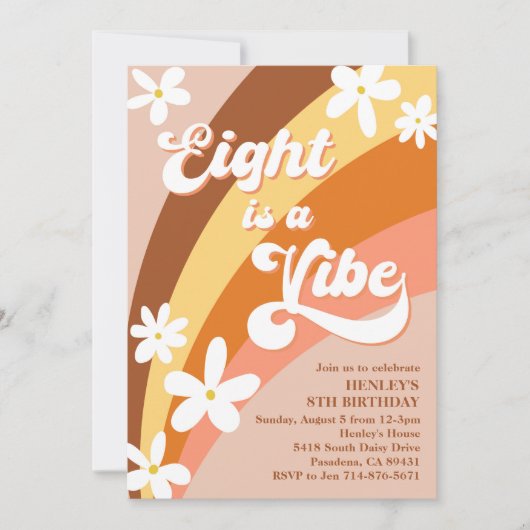 Boho Aight ist ein Vibe Retro Daisies Rainbow Einladung (Vorderseite)