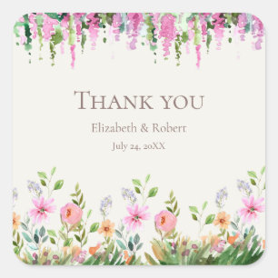 Boho-Akazie und Wildblumen Hochzeits-Dankeschön Quadratischer Aufkleber