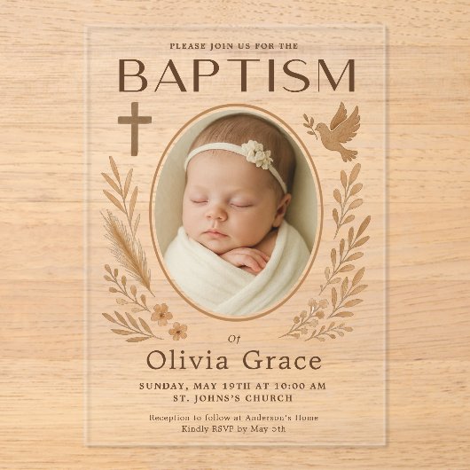 Boho Akrylic Taufe Einladung mit Foto und Dov (Vorderseite)