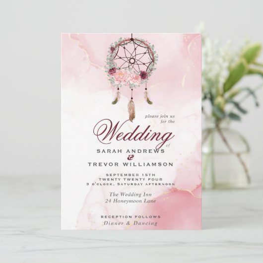 Boho All in One Wedding Pink Maroon Dream Catcher Einladung (Stehend Vorderseite)