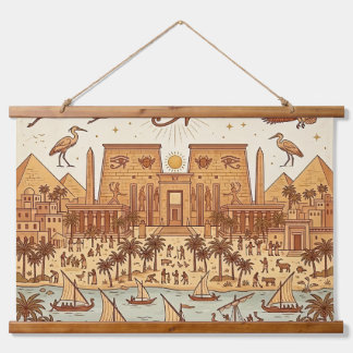 Boho-Altägyptische Stadtillustration-Terrakotta Wandteppich Mit Holzrahmen