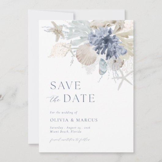 Boho am Strand Dusty Blue Wedding Foto Save The Date (Vorderseite)