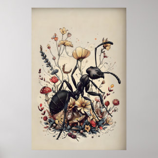 Boho-Ameisen-Blumenprint, Vintage-Cottagecore-Wand Poster