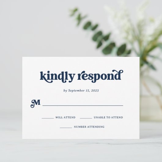 Boho and Retro Dark Navy Blue and White RSVP Karte (Stehend Vorderseite)