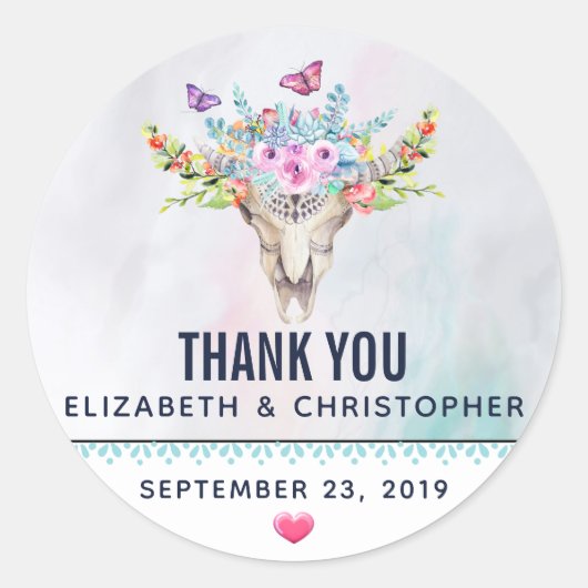 Boho Animal Skull mit Schmetterlingen Hochzeit Dan Runder Aufkleber (Vorderseite)