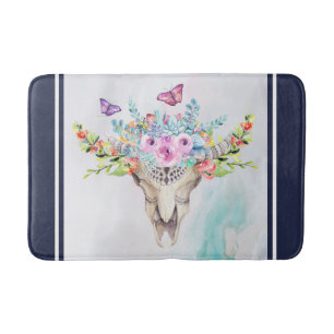 Boho Animal Skull mit Schmetterlingen und Blume Badematte