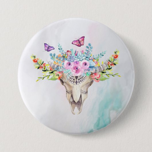 Boho Animal Skull mit Schmetterlingen und Blume Button (Vorderseite)